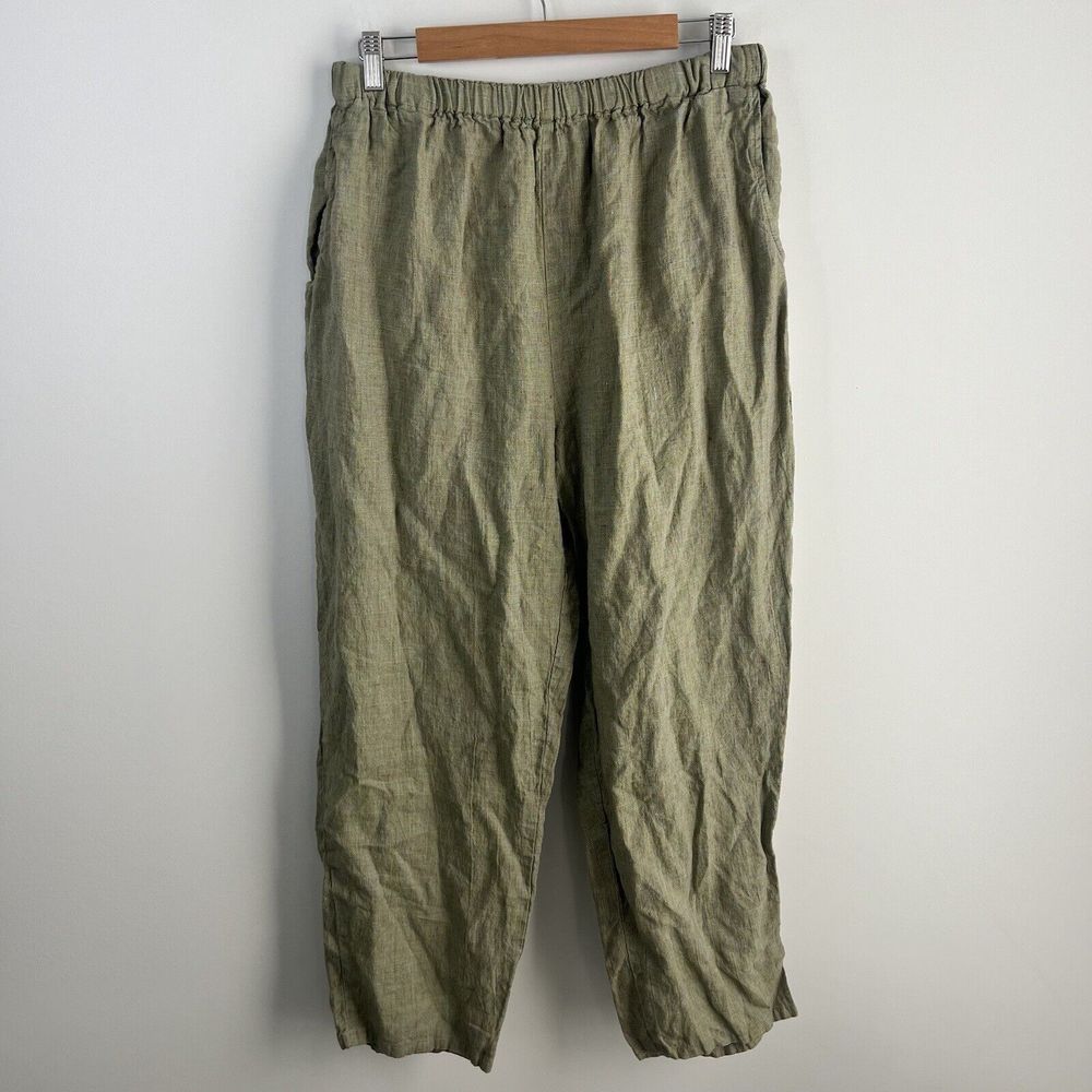 Flax Linen Pants Large Wide Leg Green Elastic Waist High Rise Pull On Pant 30x28